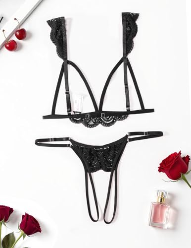 Avidlove Lingerie for Women Sexy Bra and Panty Sets Floral Lace Cutout Lingerie Set 2 Piece Outfits Black — view 4