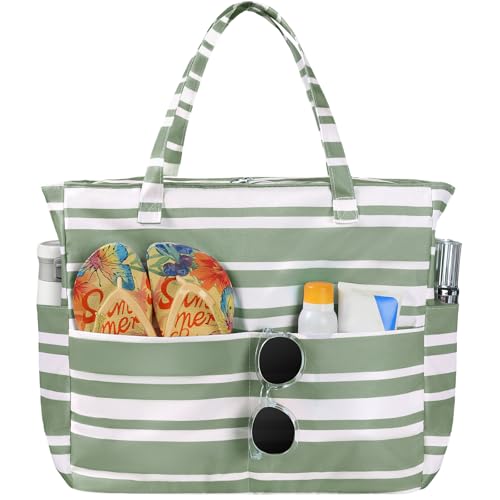Bolsas de praia femininas à prova d'água à prova de areia, bolsa de praia grande com zíper para viagens de ginástica, Verde, One Size