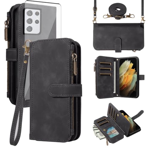 Housse portefeuille Samsung S21 Ultra 5G zippée avec bandoulière et verre