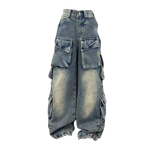 Mädchen Cargo Jeans Baggy Weite Beine Y2K Vintage High Waist Gerade...