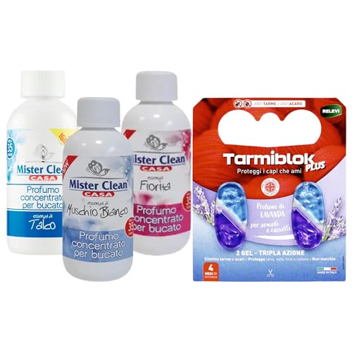 Mister CLean Kit 3 Fragranze Profumo Concentrato Per Bucato 250 ml : Muschio Bianco - Fiorita - Talco+ Relevi Proteggi & Profuma