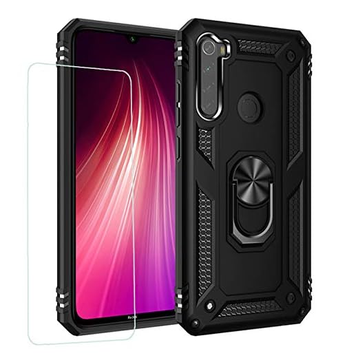 Joytag Hülle für Xiaomi Redmi Note 8 handyHülle+ Gehärtetes Glas Schutzfolie Silikon TPU 360 Grad Drehring aus Halter magnetisch Autotelefon case-Schwarz
