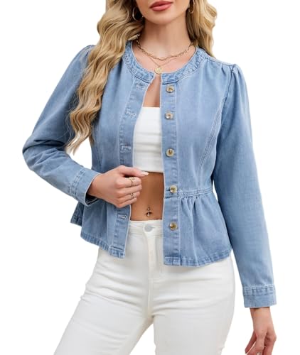 Jean Jacket for Women Peplum Hem Puff Long Sleeve Button Down Collarless Round Neck Denim Jacket Top