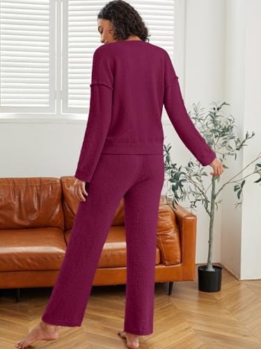 NORACORA Women's 2 Piece Outfits Fuzzy Fleece Pajama Set Long Sleeve V Neck Top Wide Leg Pants Matching Winter Loungewear Wine Red — view 4