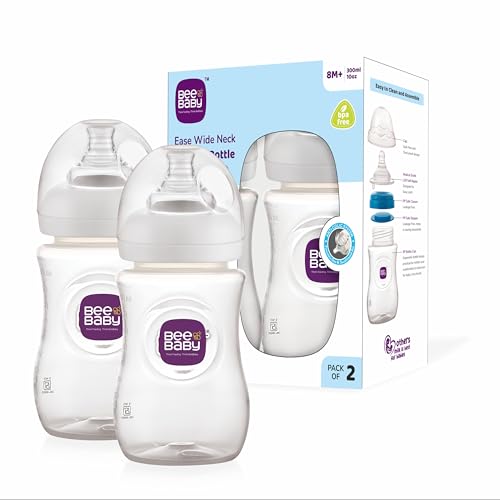 Image of BeeBaby Ease Wide Neck Feeding Bottle 300 ml | BPA Free Easy Latching Baby Milk Bottle for Newborns & Infants | Soft Silicone Anti-Colic Nipple Fast Flow (8 Months +) |White, Pack of 2
