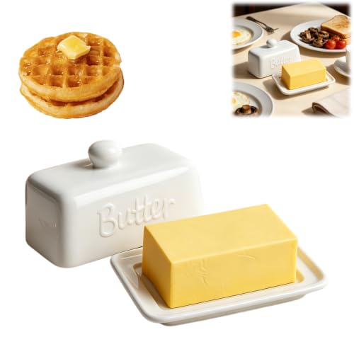 Butterdose Keramik mit Deckel, Große Butterglocke für 500g & 250g Butter, Porzellan Butterbox Spülmaschinenfest Butterbehälter Butter Dish für Käse Snacks Haushalt Tisch Küche Kühlschrank, Weiß