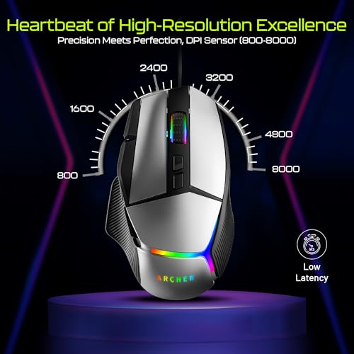 Image of Archer Tech Lab Wired Gaming Mouse| SunPlus SPCP199 Sensor, 6 DPI Levels (800-8000) High Precision|9 Programmable Buttons|7 RGB Light, 5 Million Clicks, Ergonomic 92g|for PC Laptop Mac(Recurve 800)