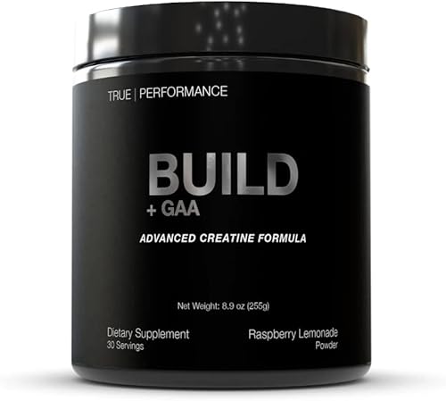 Build + GAA, para la construcción muscular y la recuperación, limonada de frambuesa, patente pendiente de GAA + monohidrato de creatina, mejora la