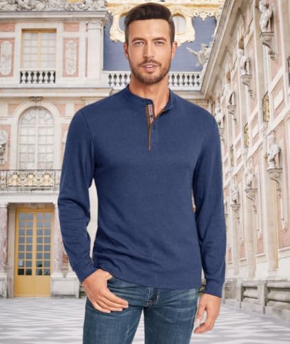 Mens Henley Shirt Long Sleeve Basic Button-Down T-Shirt with Pockets Solid Color Henley Shirt
