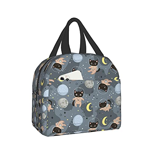 Cute Cats Astronauts Kawaii Lunch Box Travel Bag Picnic Bags Insulated Durable Shopping Bag Back To School Reusable Waterproof Bags For Man Woman Girls Boys
