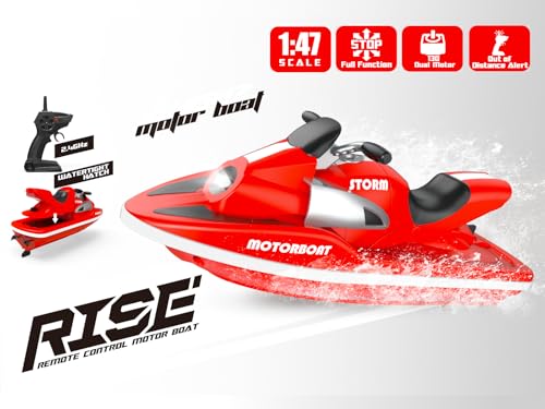 POCO DIVO Storm Motorboat Surf Jet Ski, 1/47 RC Model Boat, 2.4Ghz Radio Remote Control Speed Watercraft, Pool Lake Pond Dual Motors LED Light Toy Ship, Kids Gift Adults Water Fun, Red