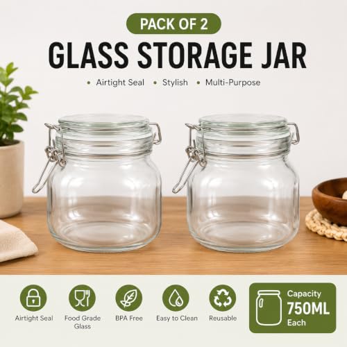 Image of Vasukie 750ML Glass Jars With Airtight Leak Proof Lids | Wide Mouth Storage Canister Jars Perfect for Kitchen Canning, Dry Food, Spices, Pickle, Coffee, Tea, Snacks, Sugar, and More (Pack of 2)
