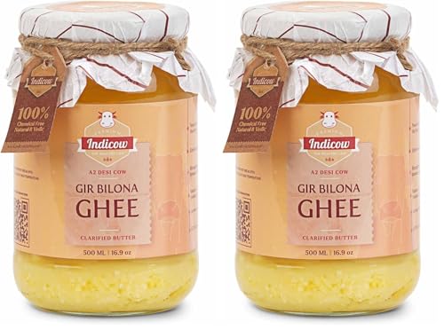 Image of Indicow Organic Dairy Foods Pure Authentic A2 Gir cow Ghee | Bilona Curd-Churned, Cruelty-Free, Ayurvedic| Grass Fed Cows (500ml, Gir) (Pack of 2)