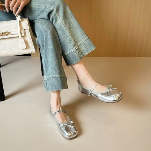 ChaiRong Zhou Women Bowknot Mary Jane Shoes Comfortable Round Toe Pu Leather Flats Buckle Strap Casual Ballet Party Dress Shoes 6