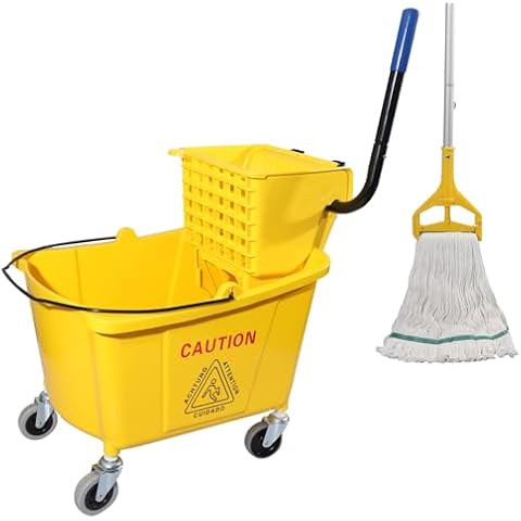 Midoneat Commercial Mop Bucket with Side Press Wringer on Wheels, 35Qt,Yellow Including One Commercial Mop Cover