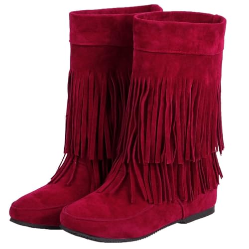DINTAHA Flat Boots With Fringe For Women,Mid Calf Boots For Women Low Heel,Suede Ankle Boots2