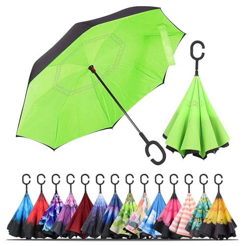 LLanxiry Paraguas invertido invertido boca abajo con mango en forma de C, impermeable anti-UV, paraguas de lluvia para mujeres y hombres (verde)