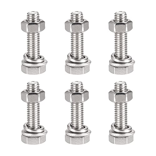 sourcing map M6 x 25mm Hex Head Screws Bolts, Nuts, Flat & Lock Washers Kits, 304 Stainless Steel Fully Thread Hexagon Bolts 6 Sets