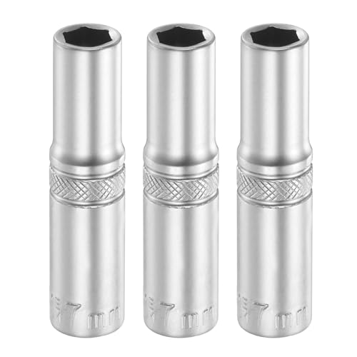 Image of sourcing map 3pcs 6 Points Deep Socket 1/4" Drive 7mm Deep Metric CR-V Steel Polished Nickel Plating Flip Sleeve 50mm / 2" Extra Long Socket Tool for Home Auto Nuts Bolts Repair