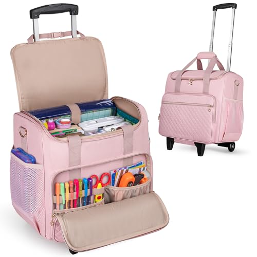 LUXJA Rolling Craft Bag with Pockets for 12 x 12 inch Scrapbook Album and Laptop, Rolling Scrapbook Tote with Detachable Dolly (Patent Pending), Pink