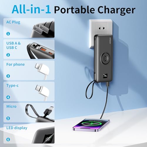 Image of Portable Charger Built-in Cables, AC Wall Plug and Magnetic Wireless iWatch Charger, 10000mAh 22.5W PD Fast Charging Power Bank, Compact Battery Pack Travel Essentials for iPhone /Samsung /Apple Watch