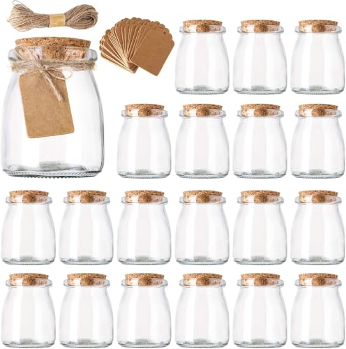 Nicunom 20 Pack Yogurt Jars with Cork Lids, 200ml Clear Glass Pudding Jars, Glass Jars Containers with Label Tags and String for Yogurt, Pudding, Milk, Jam, Honey, Mousse, Wedding Favors