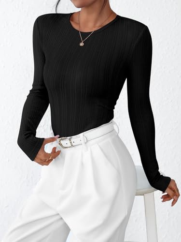 PRETTYGARDEN Crew Neck Long Sleeve Cute Going Out Tops for Women 2025 Casual Basic Slim Fit Womens Pullover Shirts3