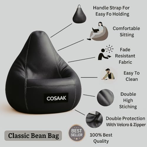 Image of 2XL Teardrop Bean Bag Cover & Chair Set with Footrest & Two Cushion, Faux Leather, Indoor Gaming and Lounging, Adult Size (Black, XXL, Solid)