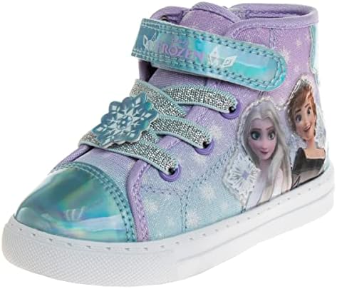 Disney Frozen Queen Elsa & Anna Girls High Top Sneakers - Characters Toddler Canvas High Top Sneakers Kids Walking Shoes Kids Elsa Shoes Girls Sneakers - Light Blue Lilac (9 Toddler)