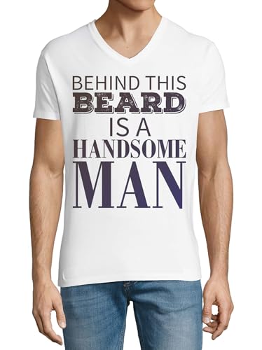 T-Shirt Col V Coton Blanc Cadeau Homme Barbu Humour Behind This Beard