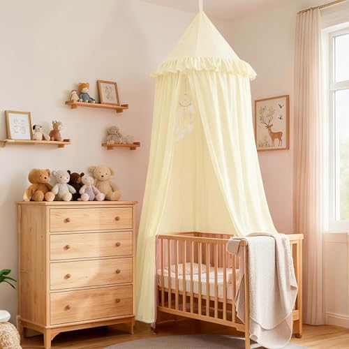 Akiky Kids Bed Canopy for Crib & Twin Size with Ruffles Dreamcatcher Princess Girls Nursery Room Decor Toddler Baby Dome Round Hanging Tent Curtains Skirt Over Bed Reading Nook Play Tents Ivory