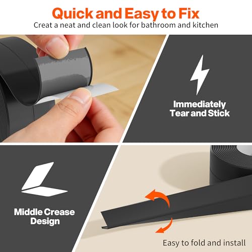 Image of Dstorelhp 2PCS Caulk Tape Waterproof Self Adhesive, Black, 1.5 inch x 10.5Ft | Peel and Stick, Decorative, For Kitchen, Countertop, Bathroom, Toilet, Bathtub, Sink, Shower, Easy to Install