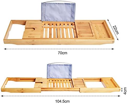Harcas premium bamboo bathtub caddy tray Beautiful bathtub tray with extending sides, with wine glass holder and iPad or book holder