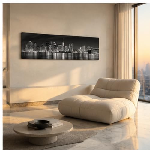 Wieco Art New York Manhattan Night View in Black and White Giclee Canvas Prints Modern Stretched and Framed Art work Cityscape Pictures Paintings on Canvas Wall Art for Bedroom Home Decorations - Image 3