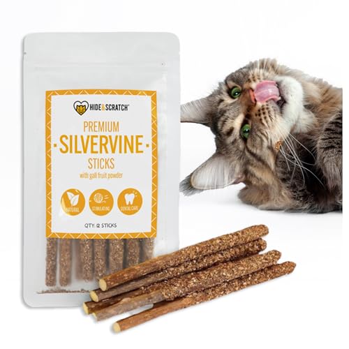 Hide & Scratch Premium Silvervine Sticks for Cats with Gall Fruit Powder for Extra Potency; Cat Enrichment Cat Chew Toy and Dental Sticks - More Effective Than Catnip Toys! (12 ct)
