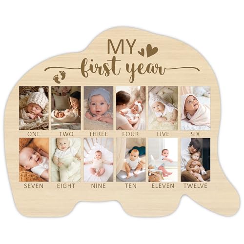 UIBOVA Elephant My First Year Photo Board, Baby Milestone Signs for Boys Girls Nursery Decor, 12 Month Pictures for Baby First Year, Picture Board for 2x3 Photos, Best Babies Keepsake Gifts-A28