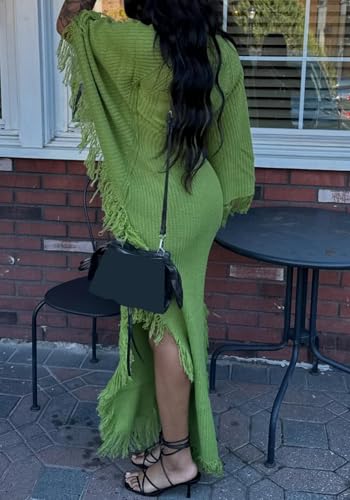 NRTHYE Women Fringe Long Sweater Dresses Knit Turtleneck Batwing Sleeve Sexy Side Slit Tassel Maxi Sweater Dress3