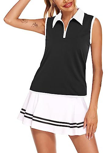 Womens Sleeveless Golf Polo Shirts Lightweight Tennis Sport Tops Black Small #TOP1