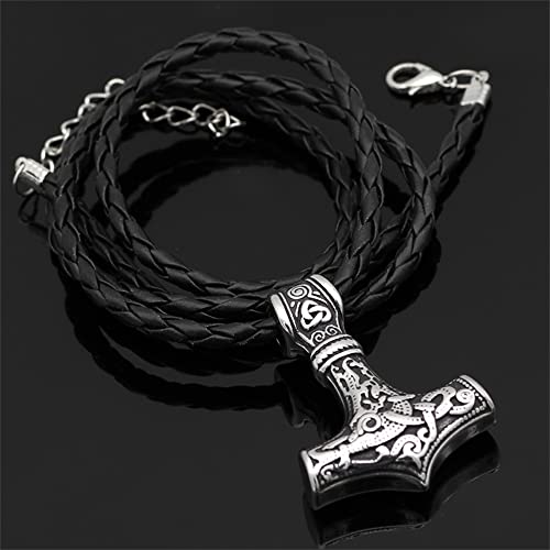 YUXN Thorshammer-Halskette für Herren der Wikinger, Nordische Mythologie Mjolnir Amulett Anhänger, Handgefertigter geflochtener Lederkettenschmuck Black Cover