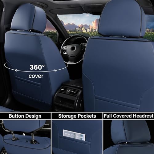 Image of Coverado Car Seat Covers Full Set, Leather Seat Covers for Cars, Automotive Seat Covers Car Seat Protectors Car Accessories Universal Fit for Most Sedans SUV Pick-up Truck(Blue&Beige)