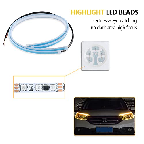 Image of 2PCS White-Amber Streamers LED Light Strip for Head Light Day Running Light /Turn Signal Bulbs, Cuttable & Waterproof, Universal 12V Exterior Car LED Light Truck SUV Decorations