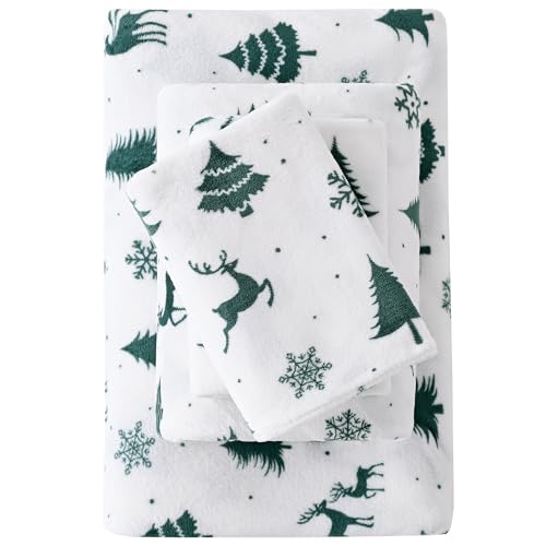 Image of Viviland Microfleece Full Bed Sheet Set, Green Deer | Soft Flannel-like Fleece, 100% Polyester, Fluffy Velvety Feel, 200GSM, 15 inch Deep Pocket, Warm Winter Gift & Decor