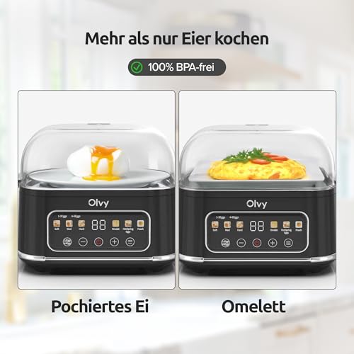 Olvy automatischer Eierkocher 6 Eier – Profi 6-in-1 Eierkocher mit LCD-Timer und Dampfgarer – ideal für Camping, mit automatischer Abschaltung und spülmaschinenfesten Teilen
