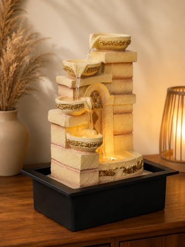 Image of CHRONIKLE Polyresin Designer Table Top Indoor Home Decor 4 Steps Waterfall Fountain with Yellow LED Lights & Water Flow Controller Pump (Size: 40 x 29.5 x 22CM | Weight: 2185grm | Color: Cream)