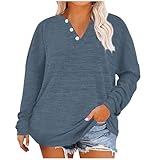 Camisa holgada grande para mujer, camiseta de manga larga con botones y cuello en V, informal, para descansar, para otoño e invierno, azul marino, XXL