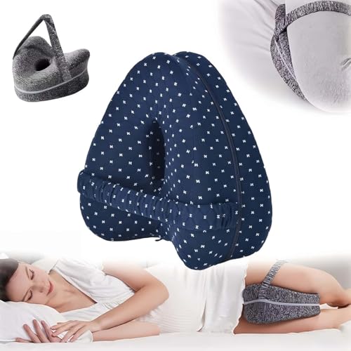 Kedymai Alignment Pillow for Side Sleepers Leg Pillow Knee Pillow for Side Sleeping Memory Foam Ergonomic Sciatica Pain Relief Pillows with Adjustable Strap for Hips Knees Legs Back (Grid Blue)