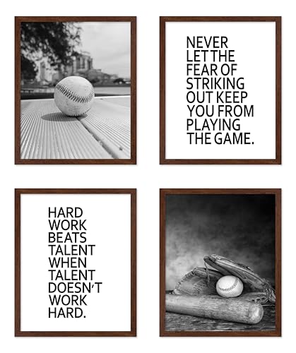 Poster Master 4-Piece Sports Poster - Hard Work Beats Talent Print - Baseball Art - Photography Art - Typography Art - Positive Quote Art - Athlete Art - Gym or Office Decor - 8x10 Brown Framed