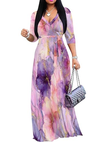 Image of PinkPatty Plus Size Maxi Dress for Women Casual V Neck 3 /4 Sleeve Boho Printed Long Dress with Pockets