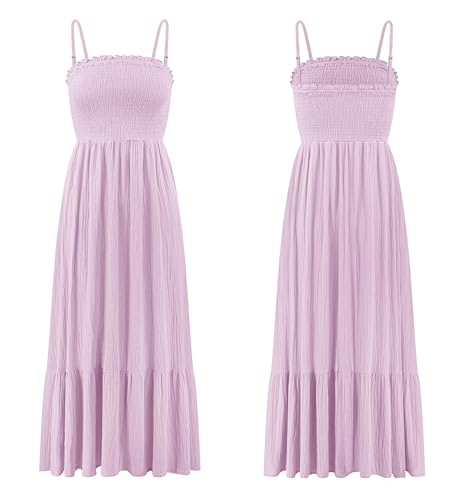 Image of R.Vivimos Womens Summer Boho Cotton Maxi Dress Adjustable Spaghetti Strap Elastic Smocked Casual Ruffle Hem Flowy Beach Dress