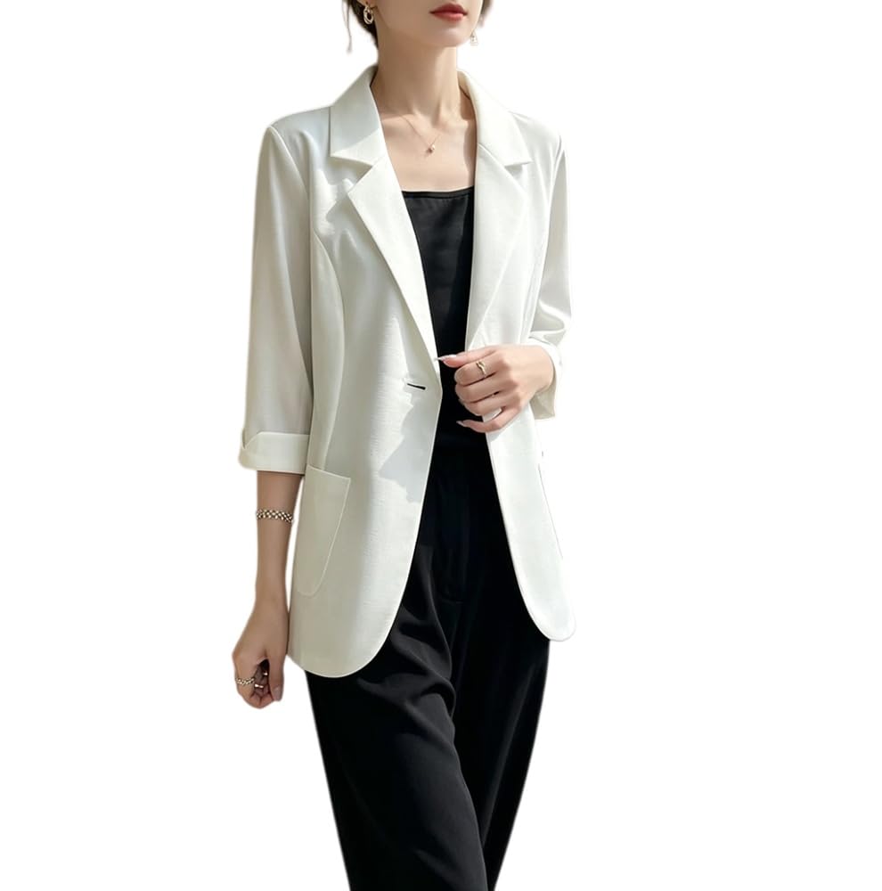 Blazer Donna,Blazer Estivo Bianco Sottile da Donna, Maniche a 3/4, vestibilità Ampia, Giacca da Ufficio Elegante, Cappotto da Lavoro